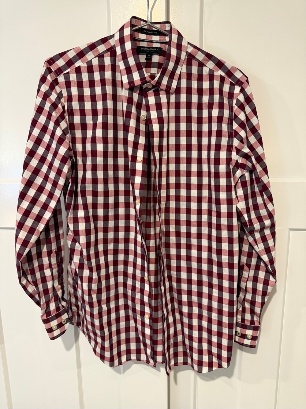 Banana Republic Men's Burgundy and White Check Dress Shirt